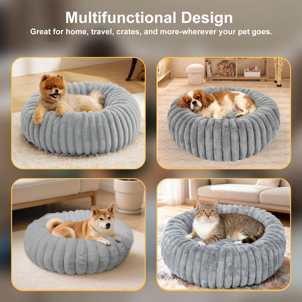 20" Calming Donut Dog Bed for Small Dogs, Corduroy Fleece, Anti-Anxiety Plush Pet Bed, Washable Faux Fur Puppy Bed for Small & Medium Dogs and Cats
