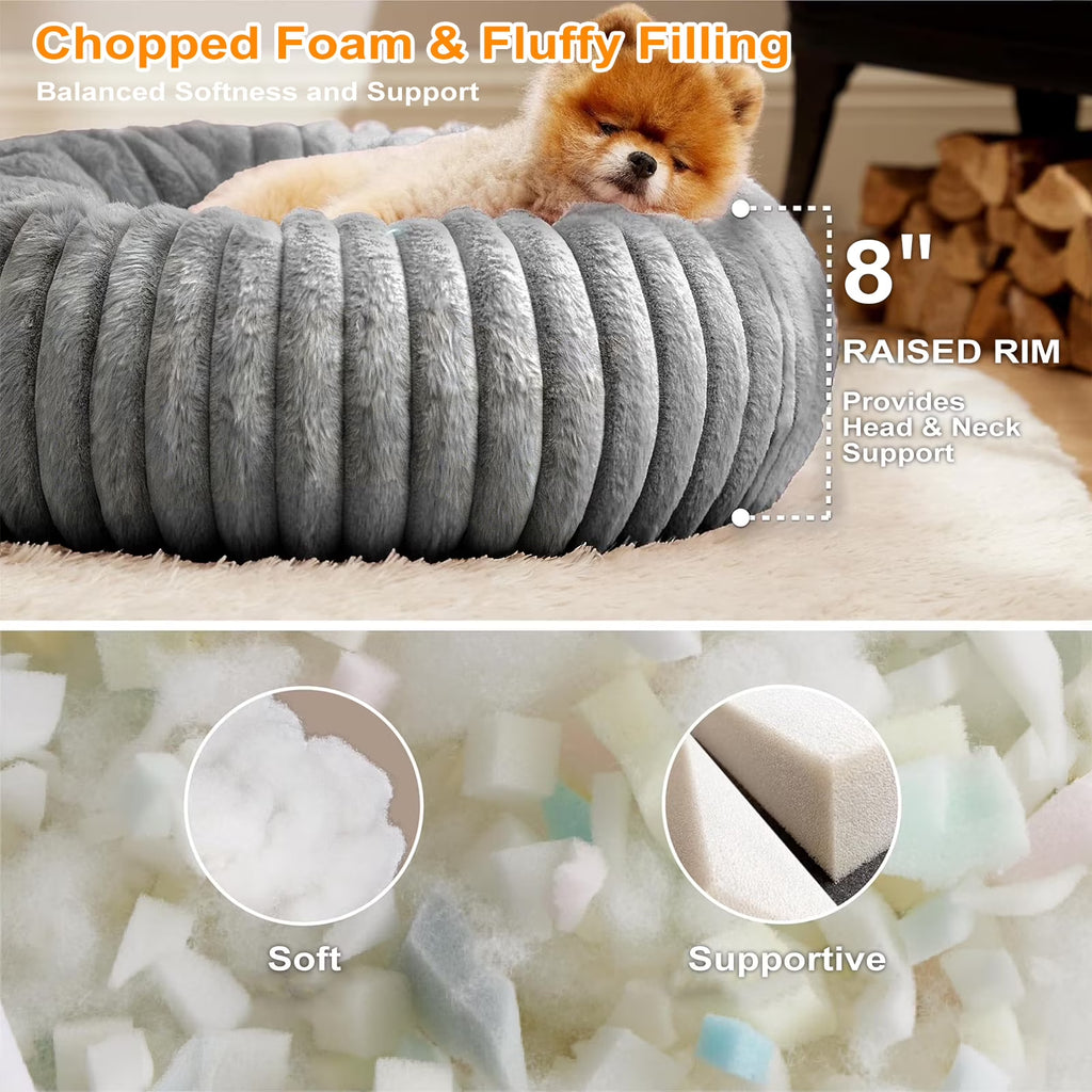 20" Calming Donut Dog Bed for Small Dogs, Corduroy Fleece, Anti-Anxiety Plush Pet Bed, Washable Faux Fur Puppy Bed for Small & Medium Dogs and Cats