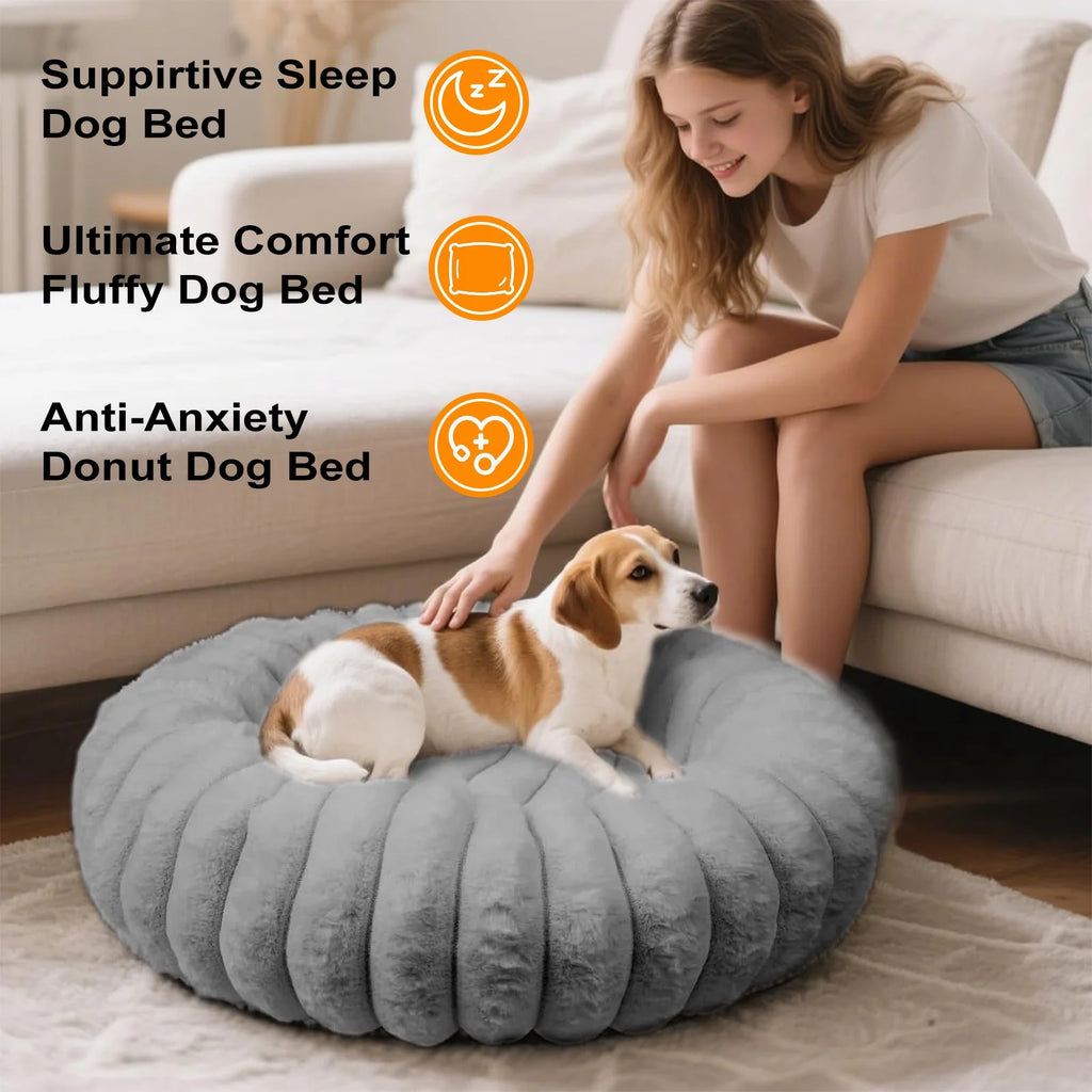 20" Calming Donut Dog Bed for Small Dogs, Corduroy Fleece, Anti-Anxiety Plush Pet Bed, Washable Faux Fur Puppy Bed for Small & Medium Dogs and Cats