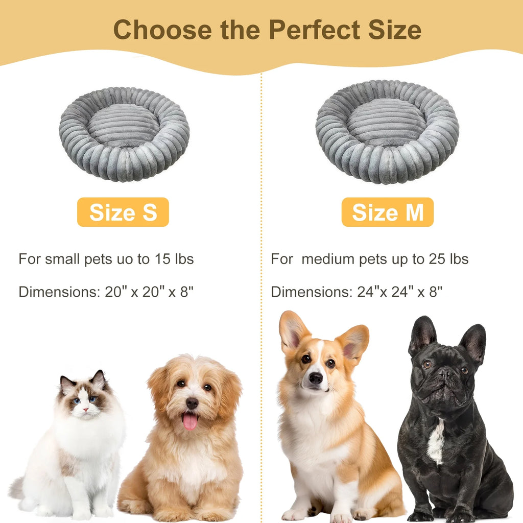 20" Calming Donut Dog Bed for Small Dogs, Corduroy Fleece, Anti-Anxiety Plush Pet Bed, Washable Faux Fur Puppy Bed for Small & Medium Dogs and Cats