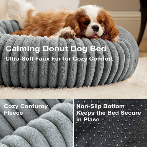 20" Calming Donut Dog Bed for Small Dogs, Corduroy Fleece, Anti-Anxiety Plush Pet Bed, Washable Faux Fur Puppy Bed for Small & Medium Dogs and Cats