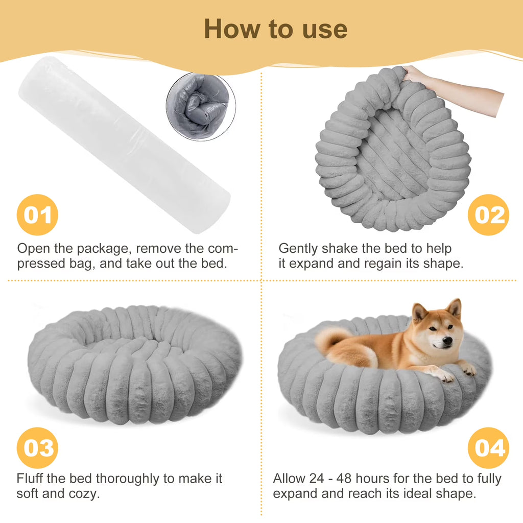20" Calming Donut Dog Bed for Small Dogs, Corduroy Fleece, Anti-Anxiety Plush Pet Bed, Washable Faux Fur Puppy Bed for Small & Medium Dogs and Cats